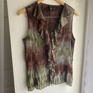 Serenade Y2K Earthy Brown & Green Ruffled Blouse Women's Crinkle Top Sz Large